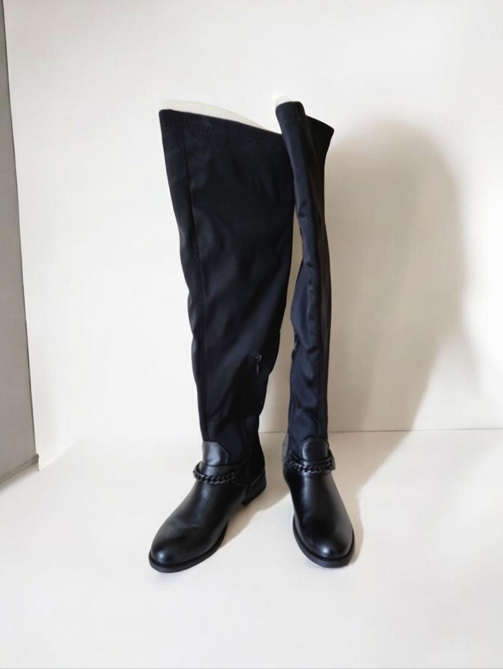 Atalina Black Chain Harness Knee High Riding Boots - Stretch Back Size 6.5
